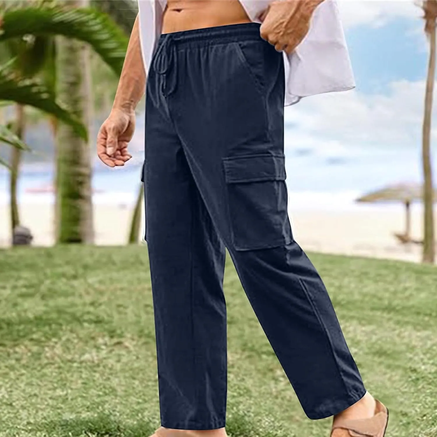Men's Summer Cotton Linen Pants Casual Loose Straight Leg Pants Baggy Trendy Lightweight Beach Long Pants with Pockets