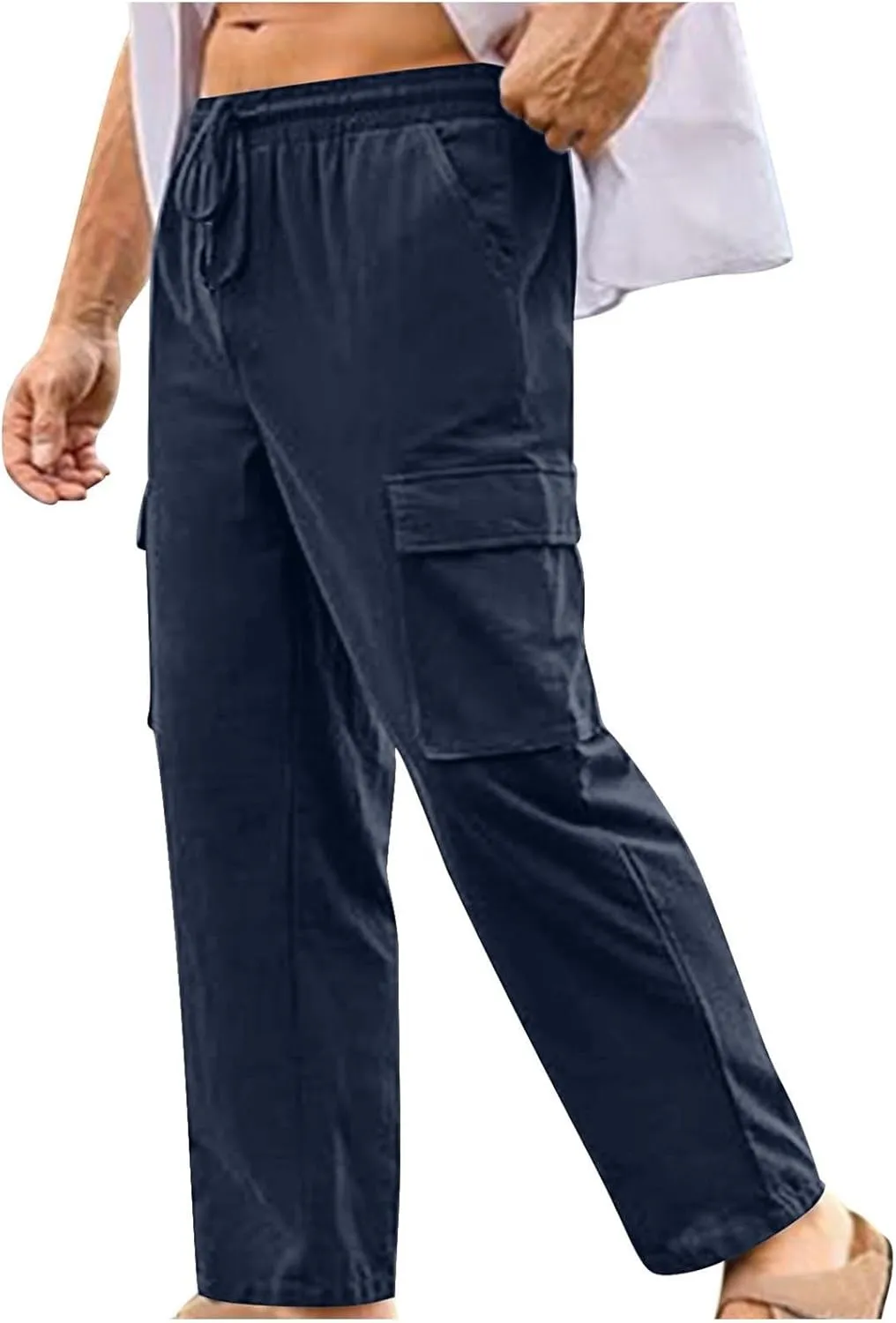 Men's Summer Cotton Linen Pants Casual Loose Straight Leg Pants Baggy Trendy Lightweight Beach Long Pants with Pockets