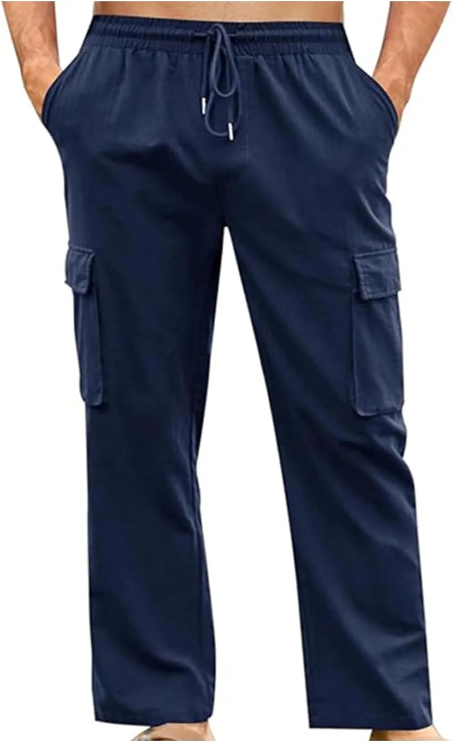 Men's Summer Cotton Linen Pants Casual Loose Straight Leg Pants Baggy Trendy Lightweight Beach Long Pants with Pockets