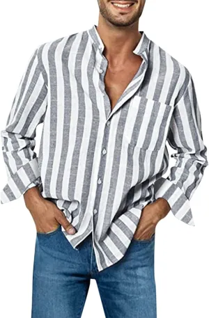 Mens Summer Linen Shirts Casual Striped Button Down Beach Shirts Regular Fit Lightweight Long Sleeve Dress Shirts with Pocket