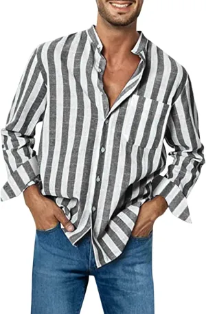 Mens Summer Linen Shirts Casual Striped Button Down Beach Shirts Regular Fit Lightweight Long Sleeve Dress Shirts with Pocket