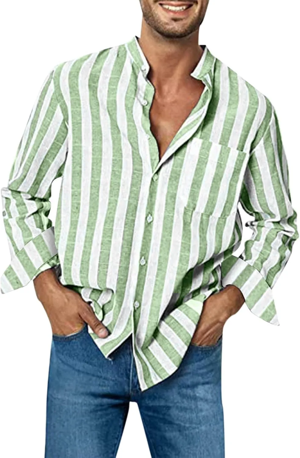 Mens Summer Linen Shirts Casual Striped Button Down Beach Shirts Regular Fit Lightweight Long Sleeve Dress Shirts with Pocket