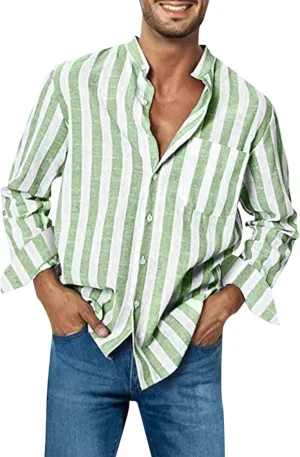 Mens Summer Linen Shirts Casual Striped Button Down Beach Shirts Regular Fit Lightweight Long Sleeve Dress Shirts with Pocket