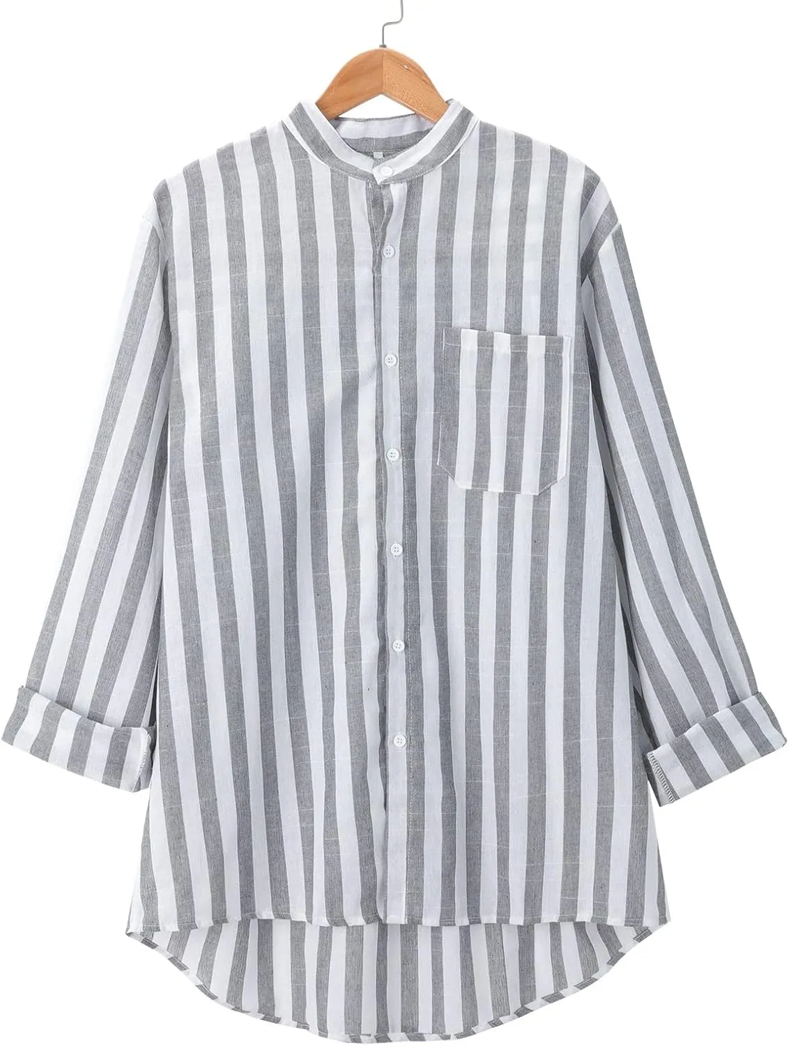 Mens Summer Linen Shirts Casual Striped Button Down Beach Shirts Regular Fit Lightweight Long Sleeve Dress Shirts with Pocket