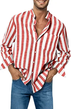 Mens Summer Linen Shirts Casual Striped Button Down Beach Shirts Regular Fit Lightweight Long Sleeve Dress Shirts with Pocket
