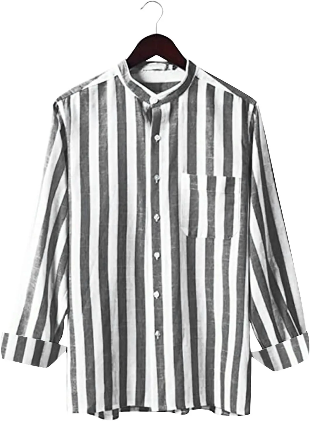 Mens Summer Linen Shirts Casual Striped Button Down Beach Shirts Regular Fit Lightweight Long Sleeve Dress Shirts with Pocket