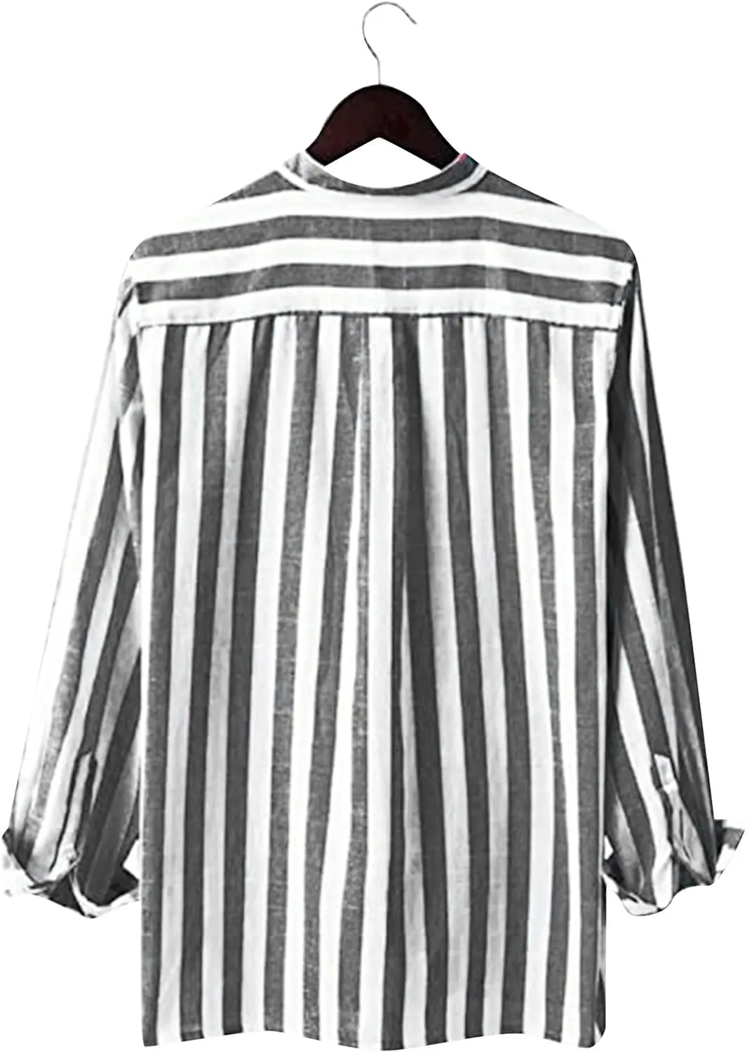 Mens Summer Linen Shirts Casual Striped Button Down Beach Shirts Regular Fit Lightweight Long Sleeve Dress Shirts with Pocket