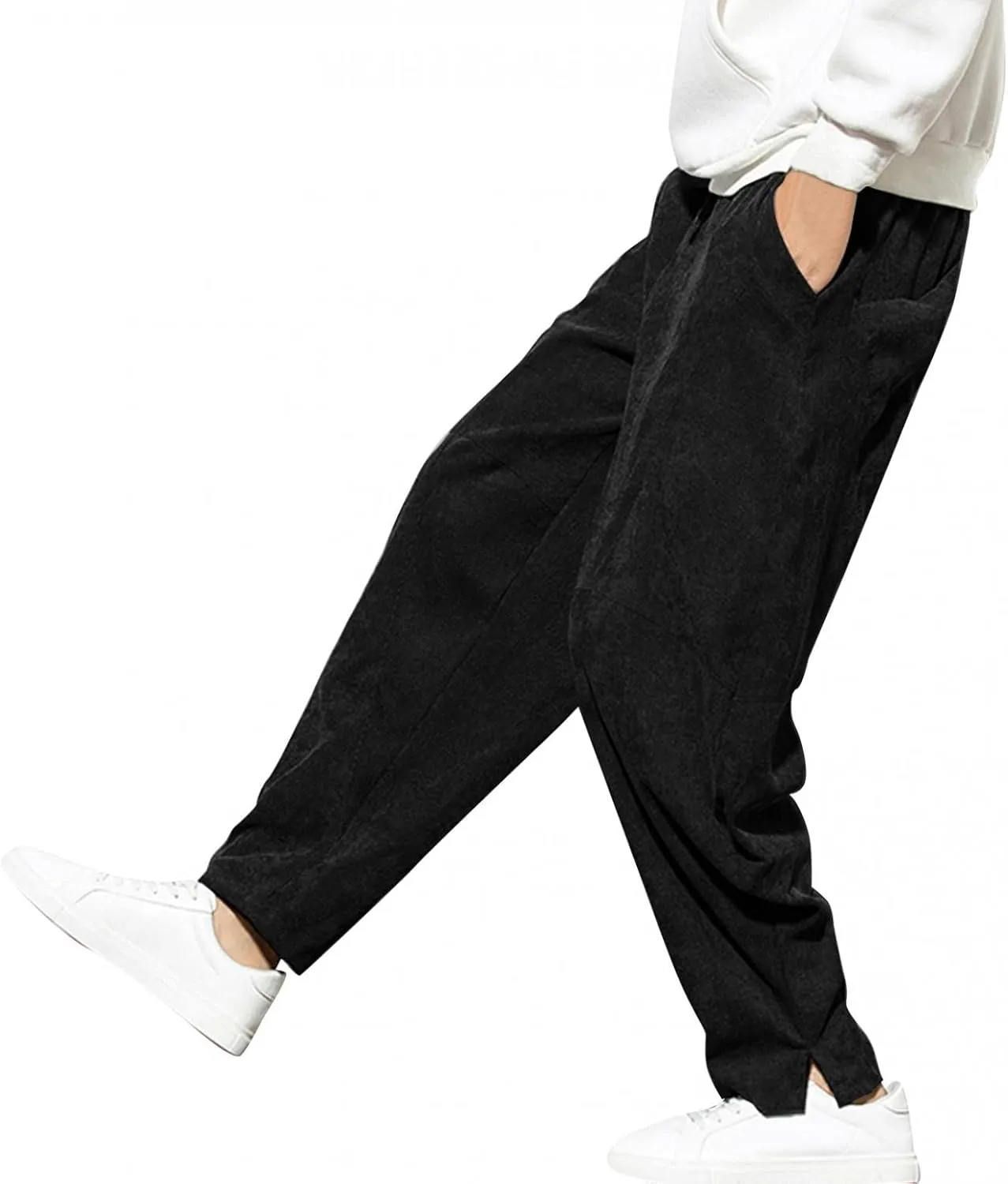 Mens Sweatpants Baggy Tapered Corduroy Harem Trouser Bottoms Casual Split Elastic Waist Hip Hop Running Joggers Pants