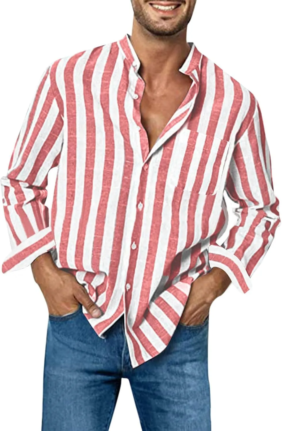 Mens T-Shirts Band Collar Striped Color Block Casual Button Shirt Tops Long Sleeve Trendy Cardigan Shirts with Pocket