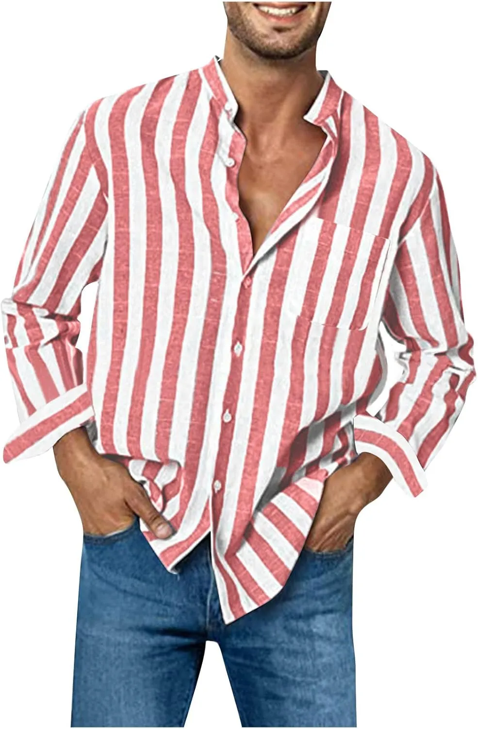 Mens T-Shirts Band Collar Striped Color Block Casual Button Shirt Tops Long Sleeve Trendy Cardigan Shirts with Pocket