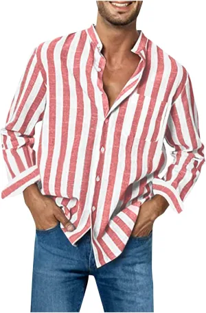 Mens T-Shirts Band Collar Striped Color Block Casual Button Shirt Tops Long Sleeve Trendy Cardigan Shirts with Pocket