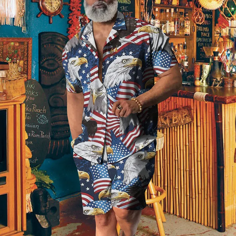 Men's US Flag Hawaiian Casual Short Sleeve Suits