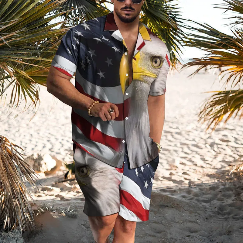Men's US Flag Hawaiian Casual Short Sleeve Suits