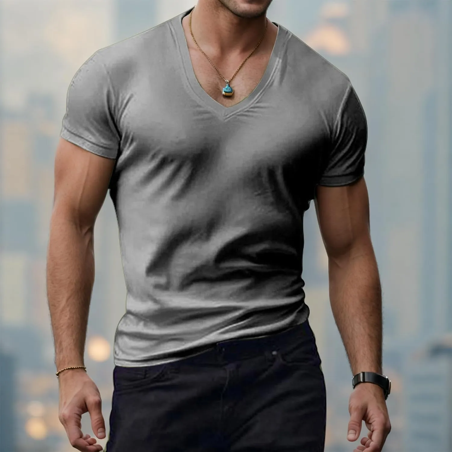 Mens V Neck Muscle Shirts Casual Short Sleeve Slim Fit Tee Summer Gym Athletic Workout Stylish T-Shirts Tops