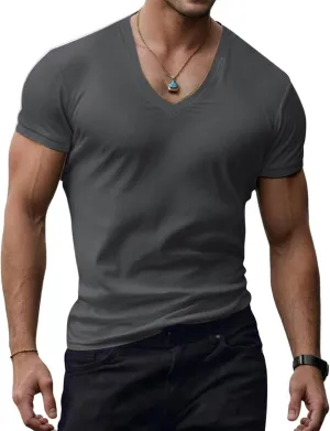 Mens V Neck Muscle Shirts Casual Short Sleeve Slim Fit Tee Summer Gym Athletic Workout Stylish T-Shirts Tops