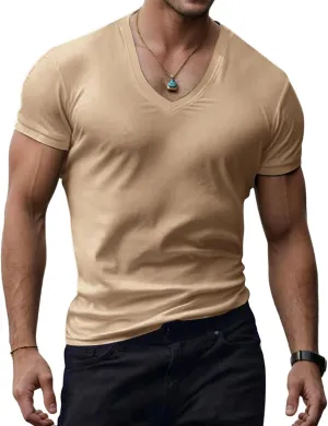 Mens V Neck Muscle Shirts Casual Short Sleeve Slim Fit Tee Summer Gym Athletic Workout Stylish T-Shirts Tops