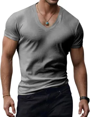 Mens V Neck Muscle Shirts Casual Short Sleeve Slim Fit Tee Summer Gym Athletic Workout Stylish T-Shirts Tops