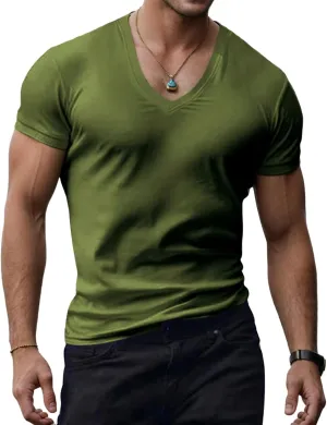 Mens V Neck Muscle Shirts Casual Short Sleeve Slim Fit Tee Summer Gym Athletic Workout Stylish T-Shirts Tops