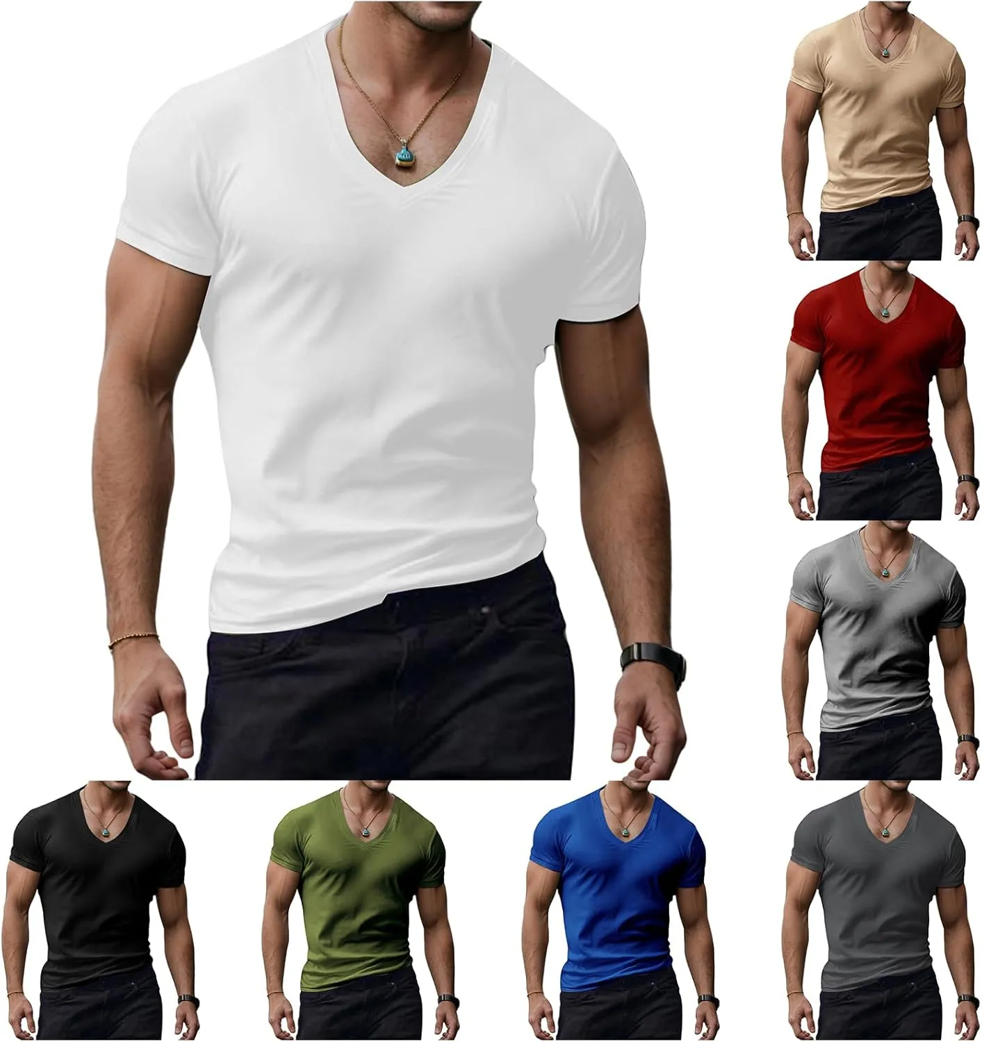 Mens V Neck Muscle Shirts Casual Short Sleeve Slim Fit Tee Summer Gym Athletic Workout Stylish T-Shirts Tops