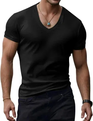 Mens V Neck Muscle Shirts Casual Short Sleeve Slim Fit Tee Summer Gym Athletic Workout Stylish T-Shirts Tops