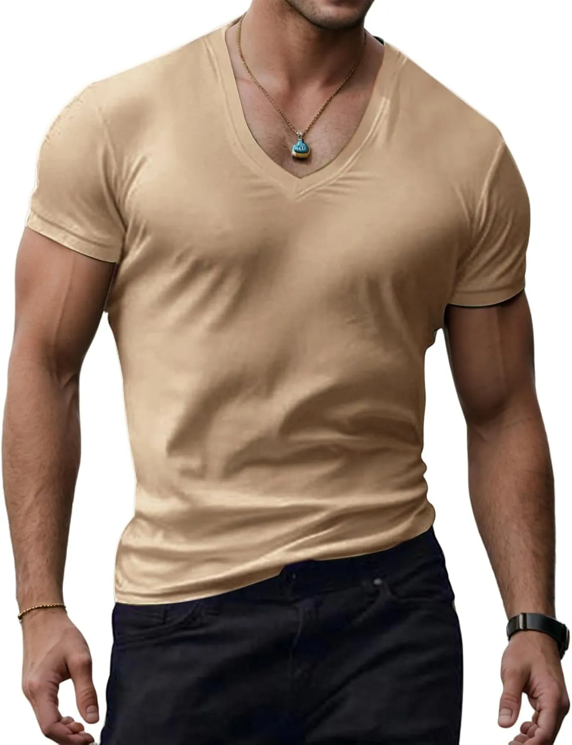 Mens V Neck Muscle Shirts Casual Short Sleeve Slim Fit Tee Summer Gym Athletic Workout Stylish T-Shirts Tops