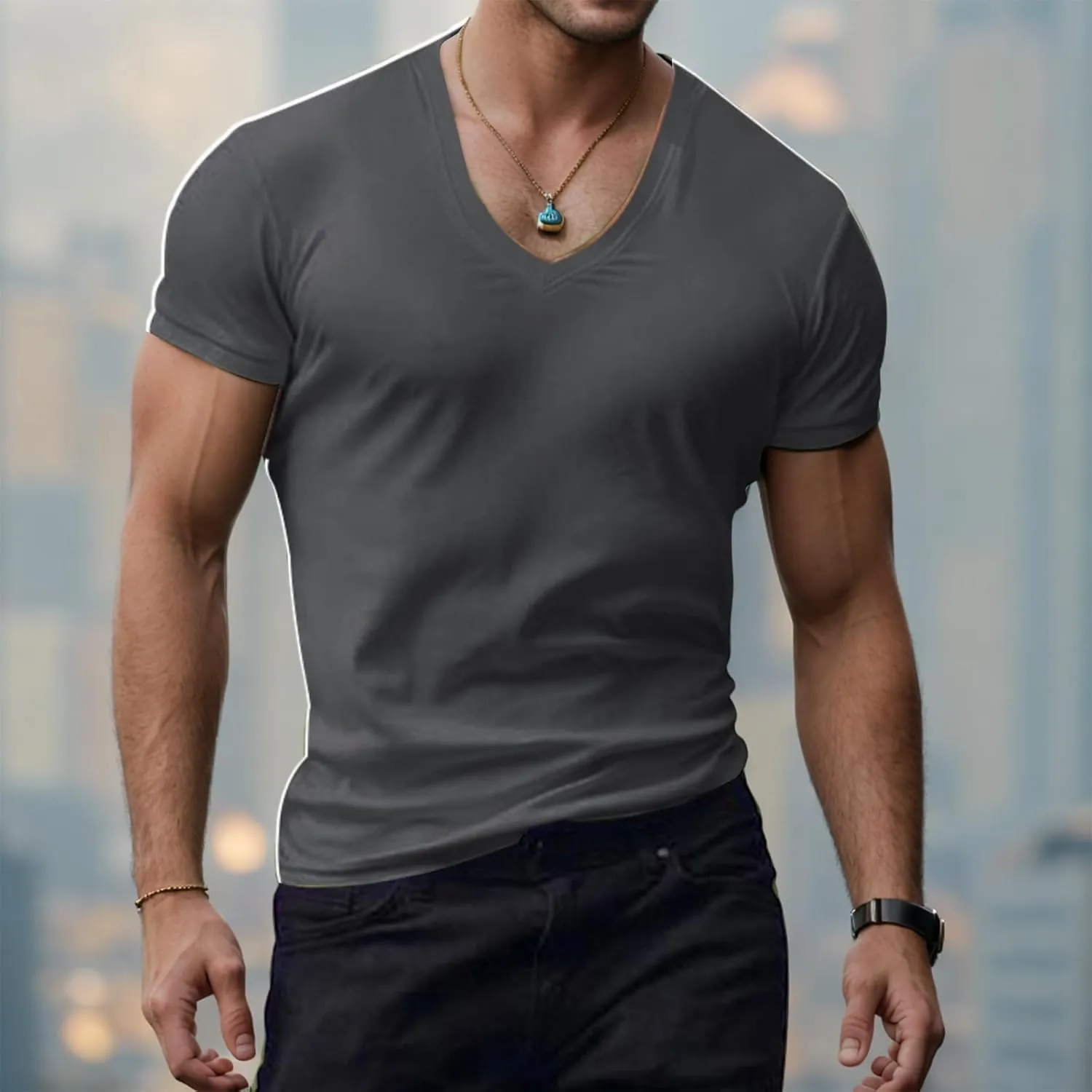 Mens V Neck Muscle Shirts Casual Short Sleeve Slim Fit Tee Summer Gym Athletic Workout Stylish T-Shirts Tops