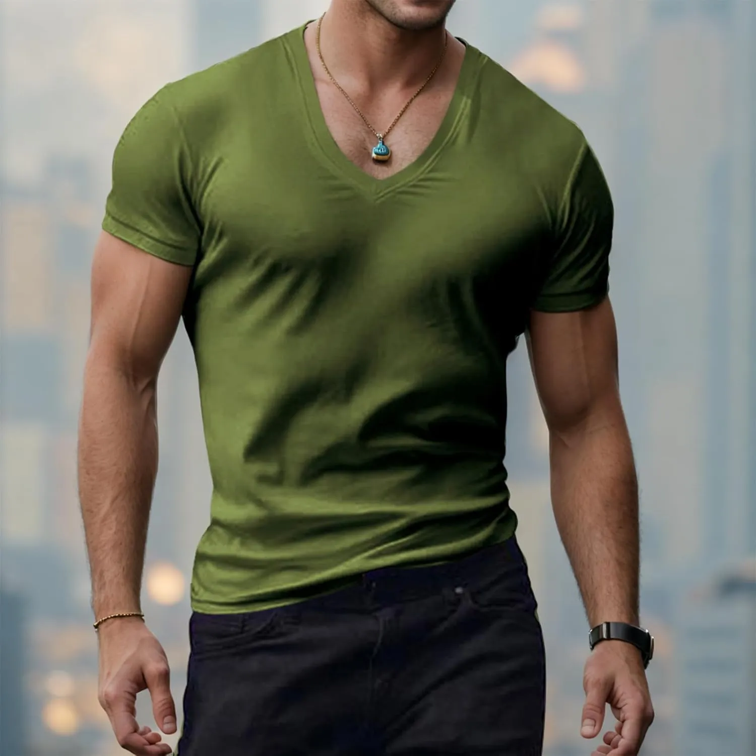 Mens V Neck Muscle Shirts Casual Short Sleeve Slim Fit Tee Summer Gym Athletic Workout Stylish T-Shirts Tops