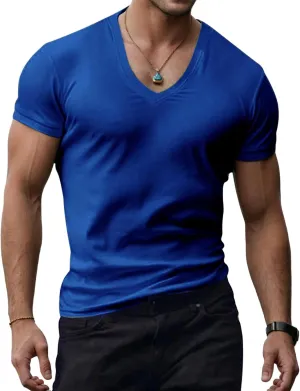 Mens V Neck Muscle Shirts Casual Short Sleeve Slim Fit Tee Summer Gym Athletic Workout Stylish T-Shirts Tops