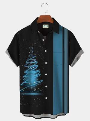 Men's Vintage Bowling Christmas Hawaiian Button Short Sleeve Shirt