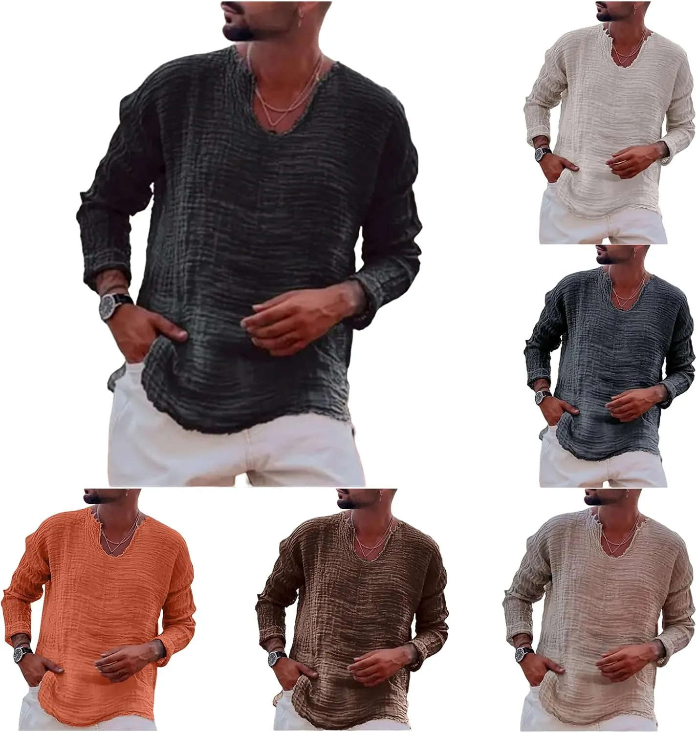 Men's Vintage Linen Raw Edge Plain Long Sleeve Shirts Loose Casual V Neck Beach Hippie Yoga T Shirts Tops