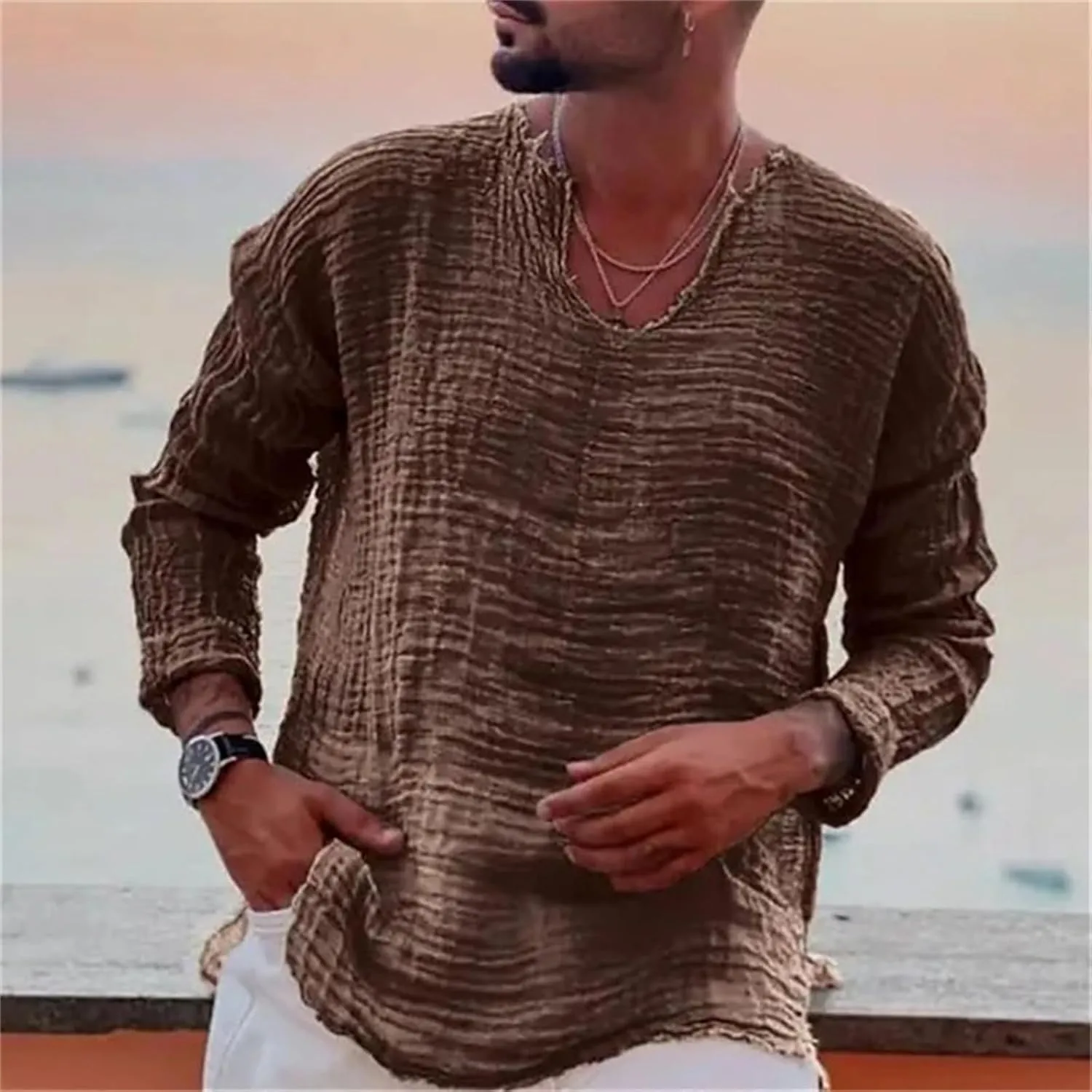 Men's Vintage Linen Raw Edge Plain Long Sleeve Shirts Loose Casual V Neck Beach Hippie Yoga T Shirts Tops
