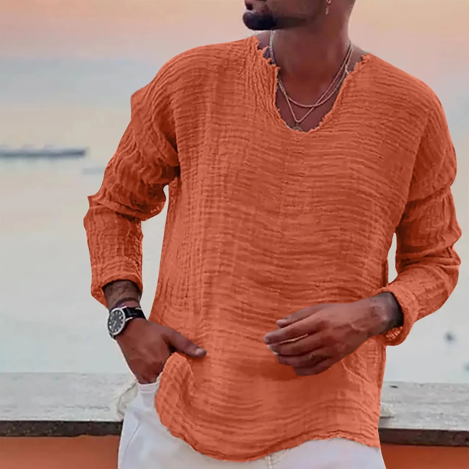 Men's Vintage Linen Raw Edge Plain Long Sleeve Shirts Loose Casual V Neck Beach Hippie Yoga T Shirts Tops