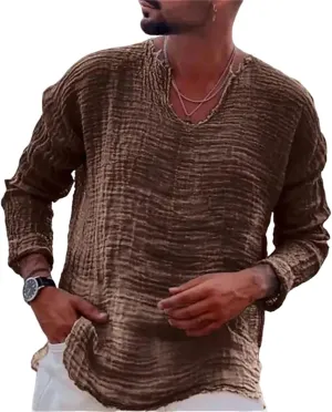 Men's Vintage Linen Raw Edge Plain Long Sleeve Shirts Loose Casual V Neck Beach Hippie Yoga T Shirts Tops