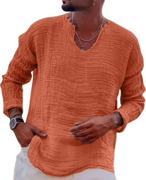 Men's Vintage Linen Raw Edge Plain Long Sleeve Shirts Loose Casual V Neck Beach Hippie Yoga T Shirts Tops