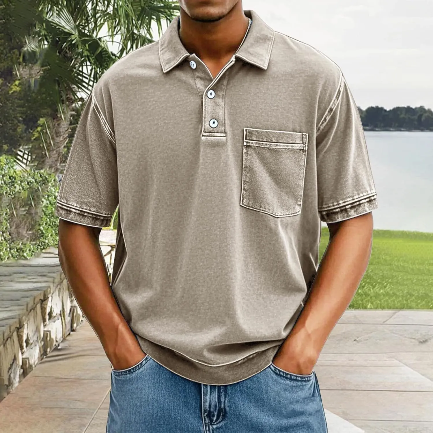 Mens Vintage Polo Shirts 3D Printing Pullover Shirts Classic Fit Lapel Button Tops Summer Casual Retro Distressed Top