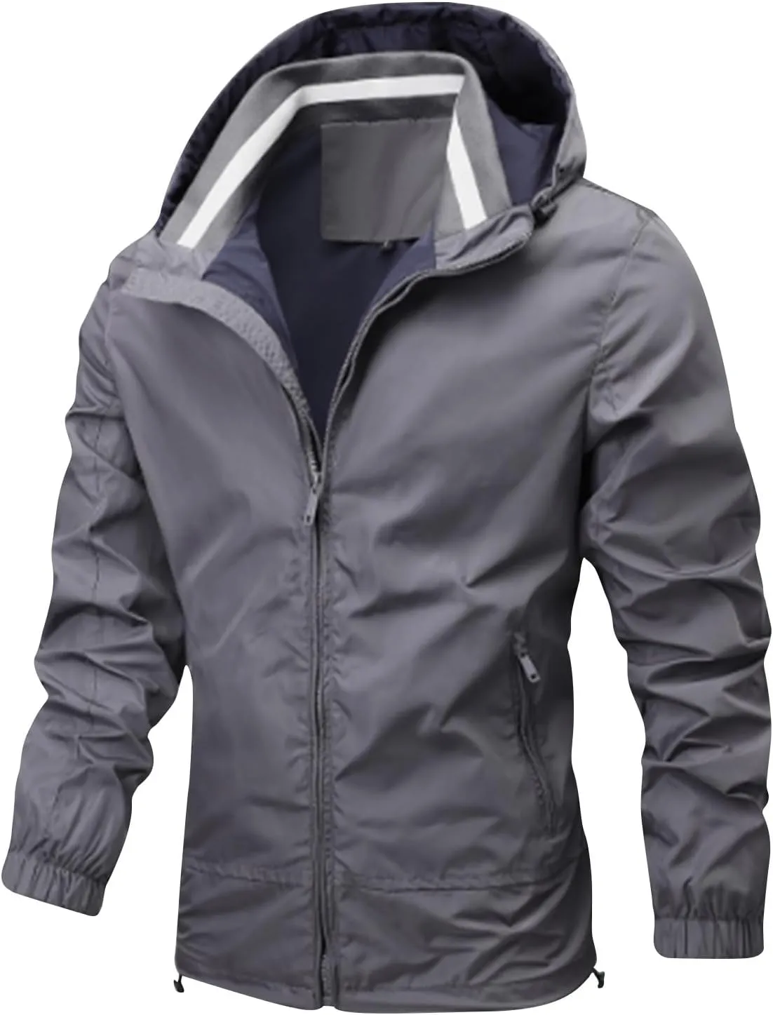 Mens Waterproof Rain Jacket With Hood Softshell Hiking Windbreaker Zip Up Rain Coats Pockets Outdoor Fishing Outwear