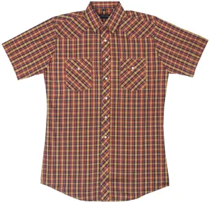Men's Western Shirt: White Horse Short Sleeve Plaid Blue Gold Red