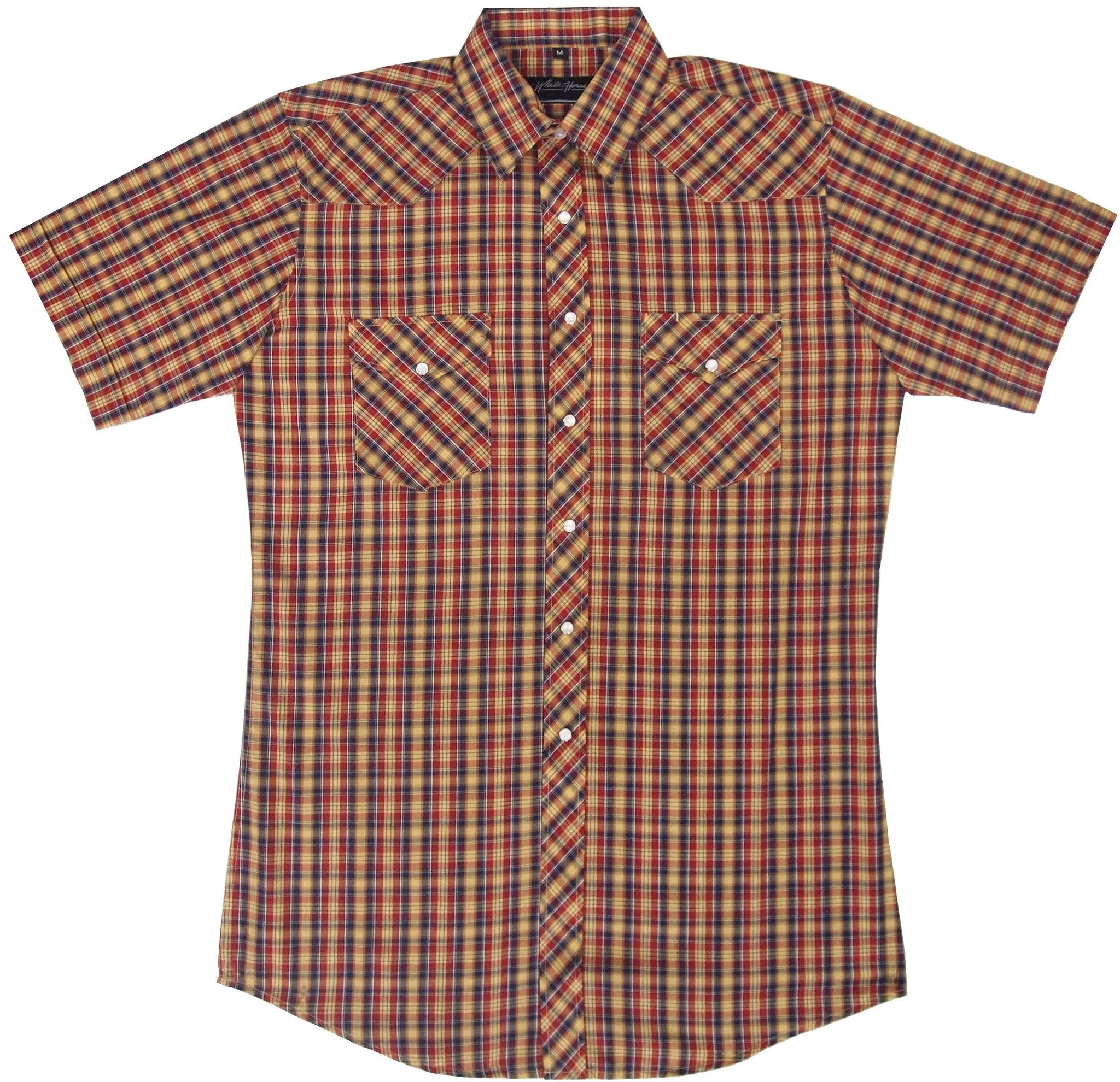 Men's Western Shirt: White Horse Short Sleeve Plaid Blue Gold Red