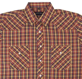 Men's Western Shirt: White Horse Short Sleeve Plaid Blue Gold Red