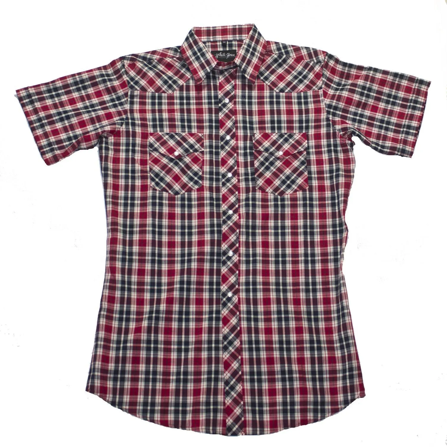 Men's Western Shirt: White Horse Short Sleeve Plaid Red Black