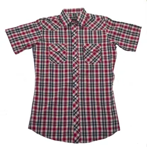 Men's Western Shirt: White Horse Short Sleeve Plaid Red Black
