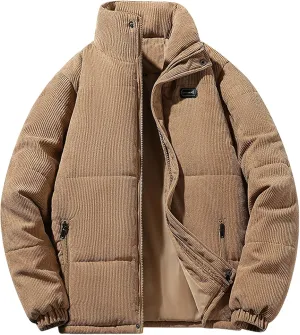 Mens Winter Coat Vintage Casual Corduroy Jacket Thickened Down Puffer Jacket Windproof Quilted Bomber Jackets Outerwear
