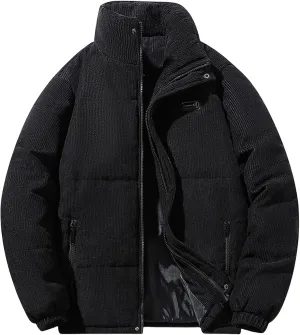 Mens Winter Coat Vintage Casual Corduroy Jacket Thickened Down Puffer Jacket Windproof Quilted Bomber Jackets Outerwear
