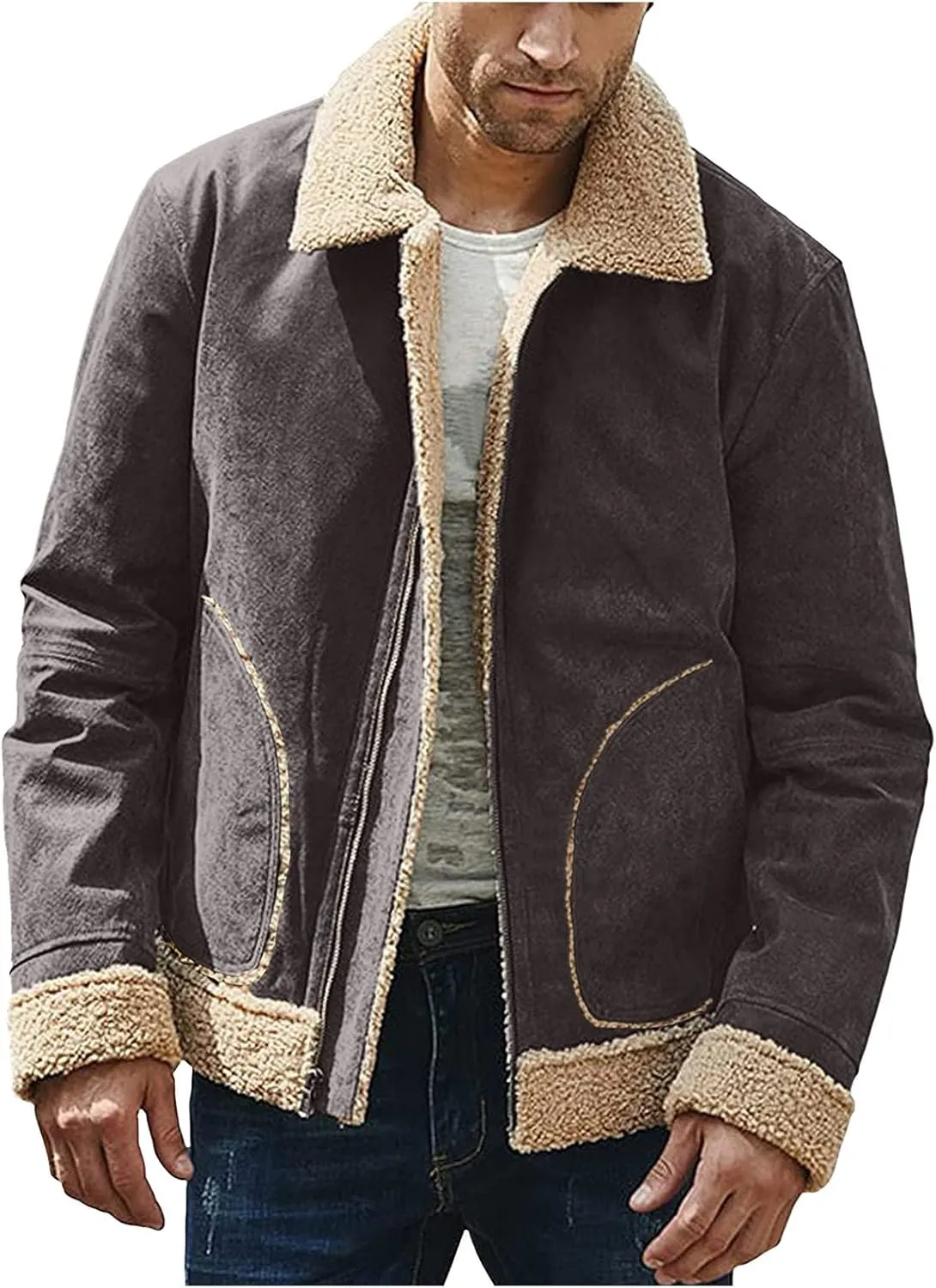 Mens Winter Coats, Mens Vintage Faux Leather Jacket Sherpa Lined Heavyweight Shearing Coat Plus Size Thicken Jacket