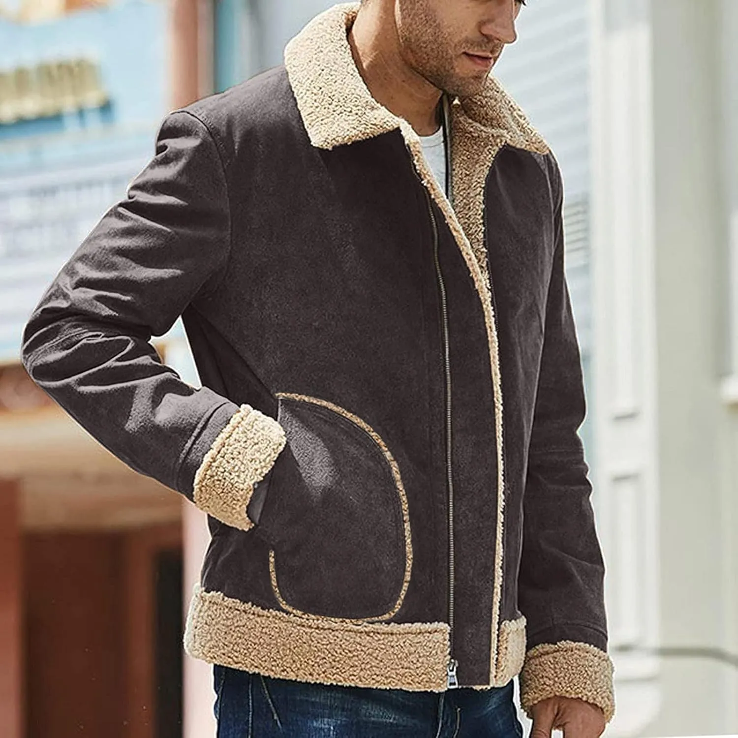 Mens Winter Coats, Mens Vintage Faux Leather Jacket Sherpa Lined Heavyweight Shearing Coat Plus Size Thicken Jacket