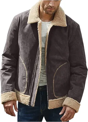 Mens Winter Coats, Mens Vintage Faux Leather Jacket Sherpa Lined Heavyweight Shearing Coat Plus Size Thicken Jacket