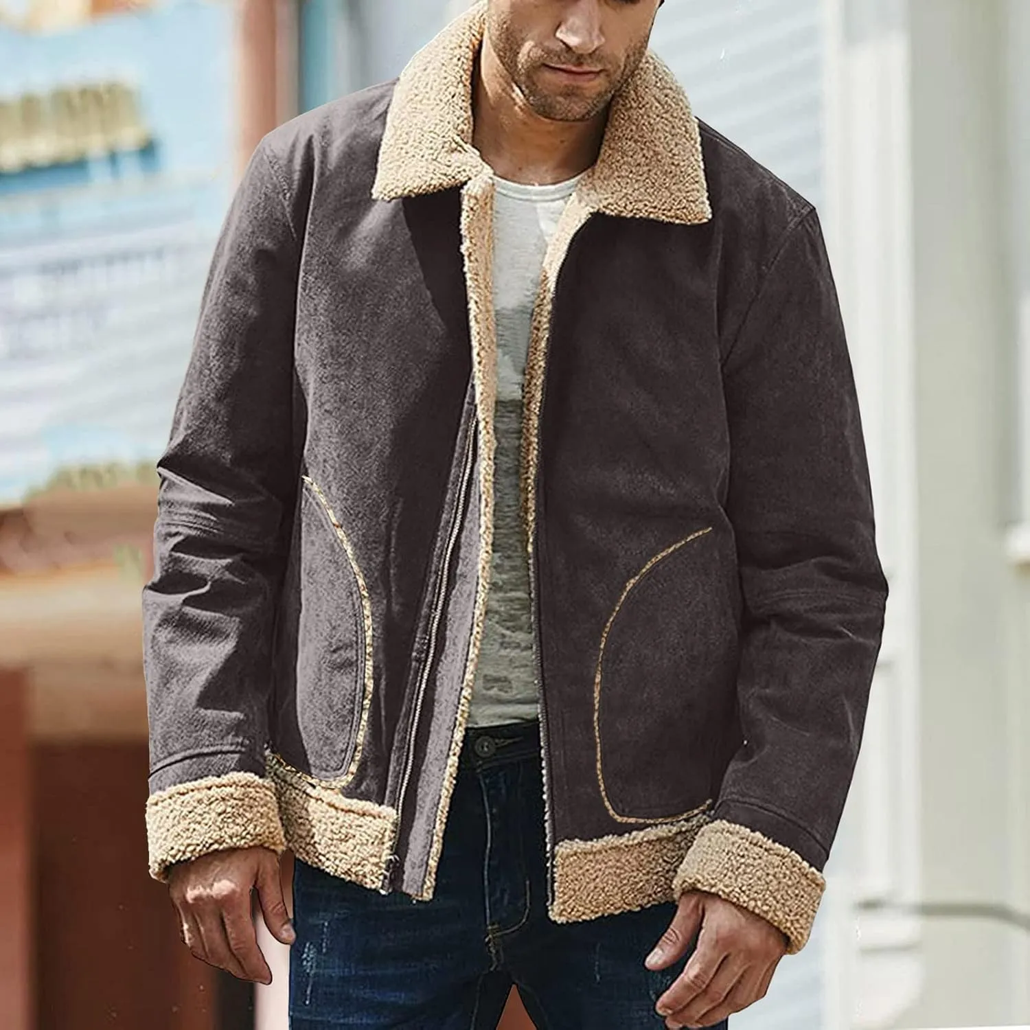 Mens Winter Coats, Mens Vintage Faux Leather Jacket Sherpa Lined Heavyweight Shearing Coat Plus Size Thicken Jacket