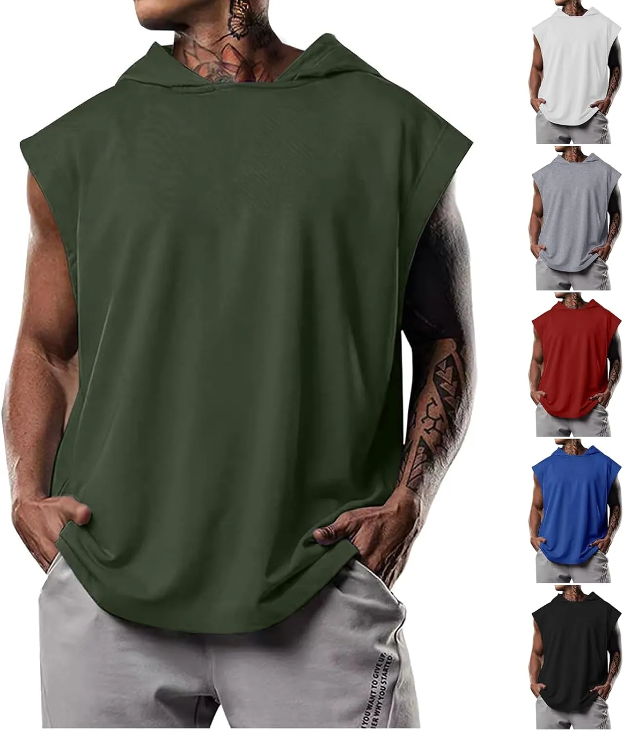Men's Workout Hooded Tank Tops Bodybuilding Muscle Cut Off T Shirt Sleeveless Gym Hoodies Loose Pullover Sweatshirt