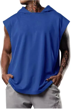 Men's Workout Hooded Tank Tops Bodybuilding Muscle Cut Off T Shirt Sleeveless Gym Hoodies Loose Pullover Sweatshirt