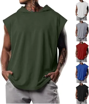 Men's Workout Hooded Tank Tops Bodybuilding Muscle Cut Off T Shirt Sleeveless Gym Hoodies Loose Pullover Sweatshirt